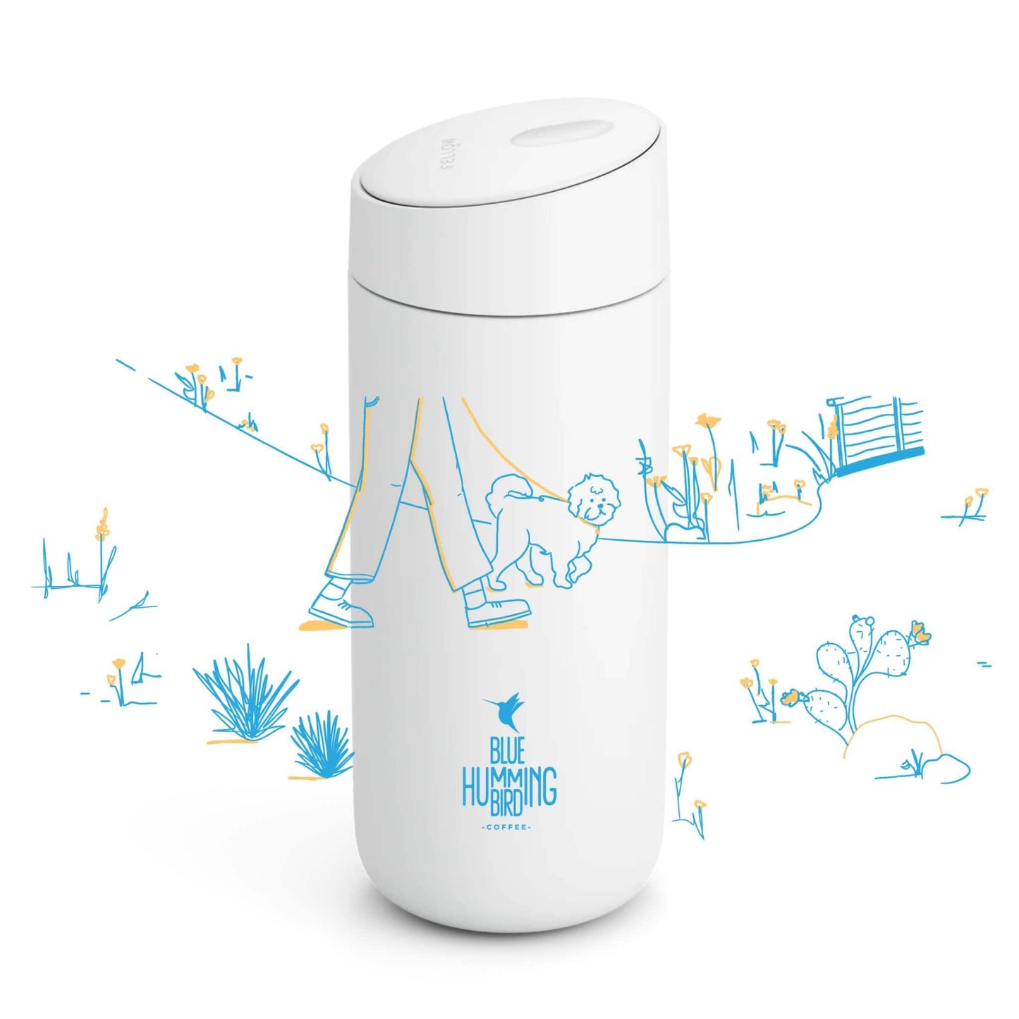 White thermos with blue and yellow illustrations on a white background