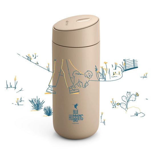Beige thermos bottle with neighborhod nature-themed illustrations 