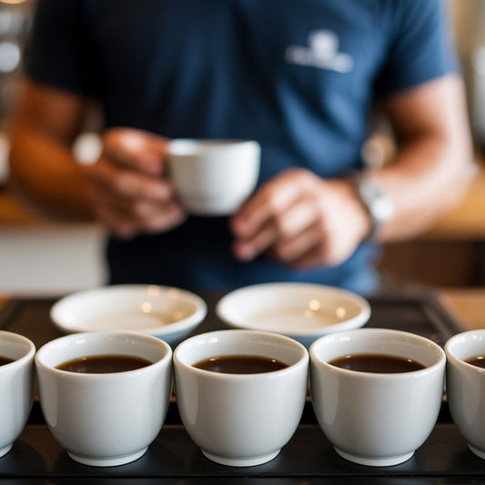 Person holding a white cup with six other cups of coffee on a tray in a coffee shop for tasting